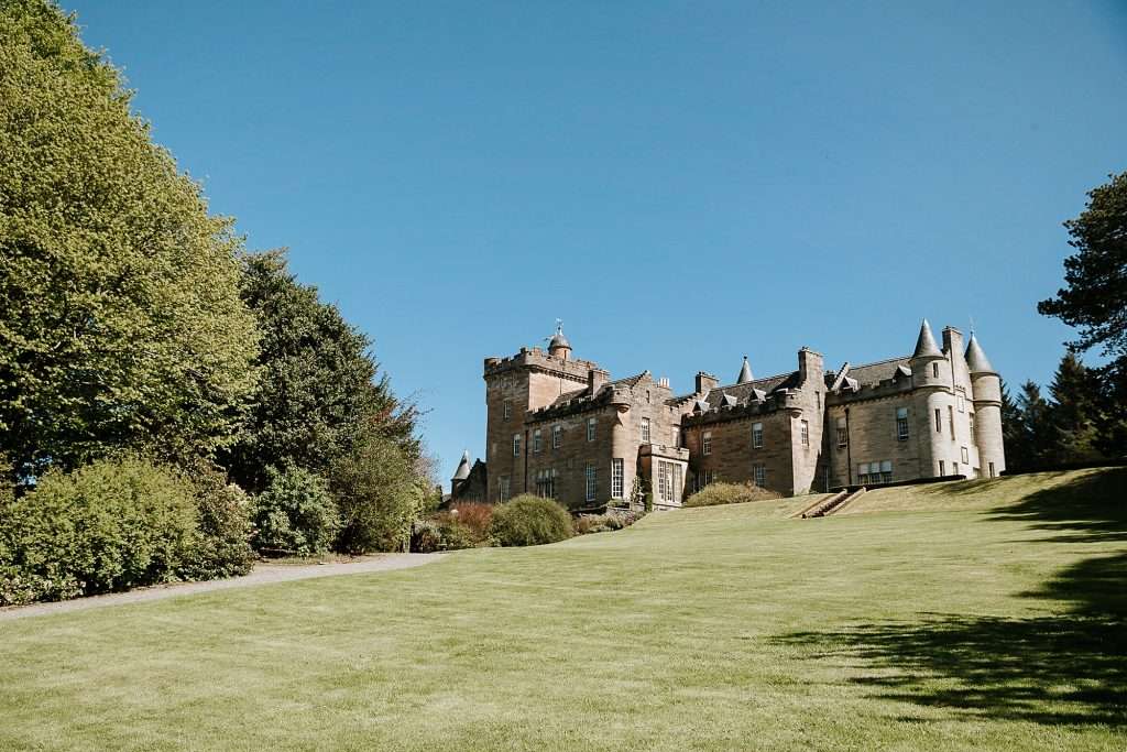exterior of Glenapp Castle, Southern Ayrshire on a sunny day. 