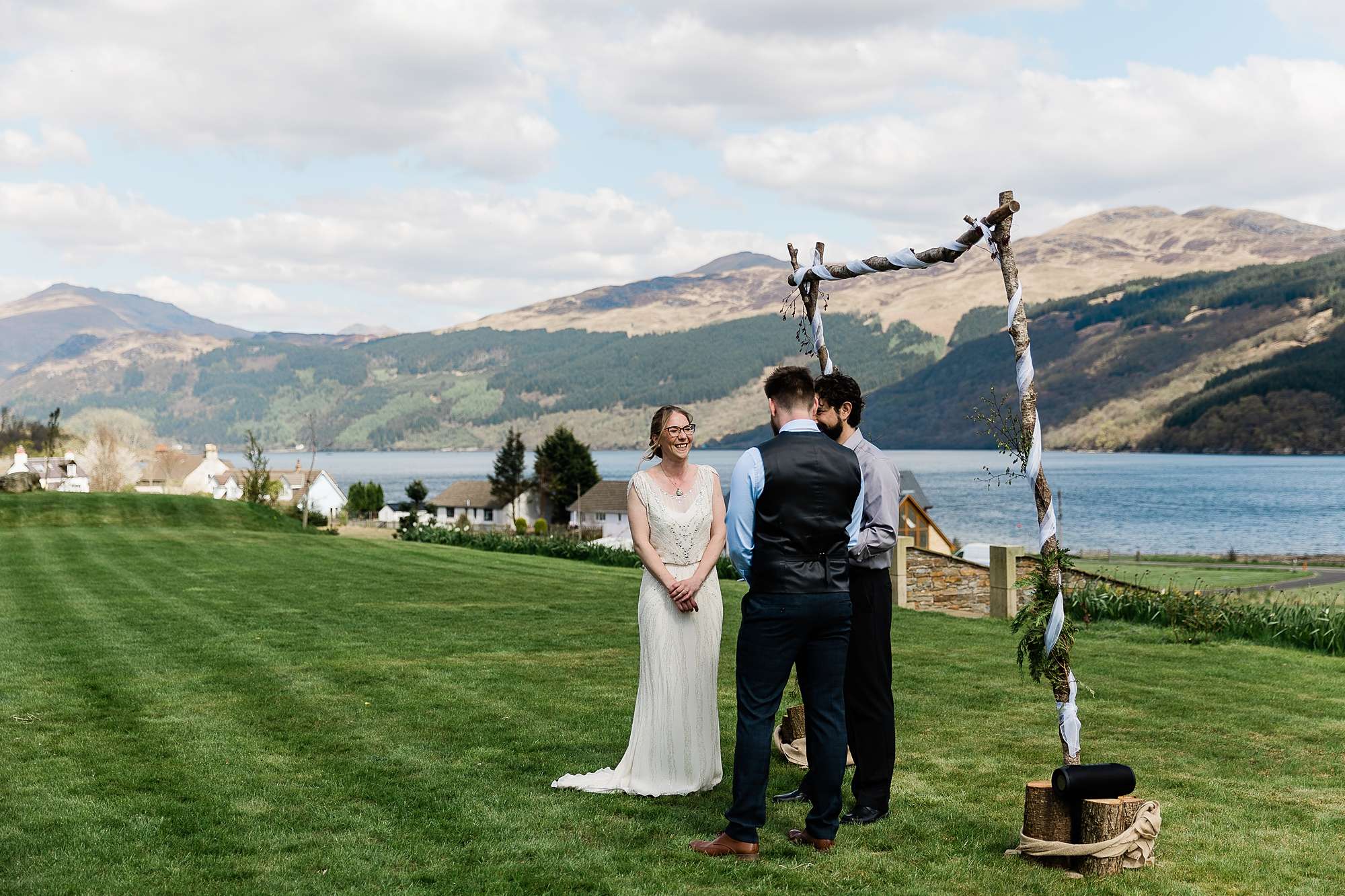 bride and groom during outdoor wedding ceremony at Carrick Castle estate