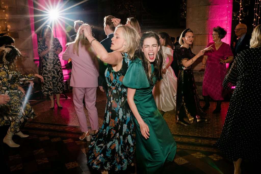 wedding guests dancing enthusiastically at Mansfield Traquair wedding