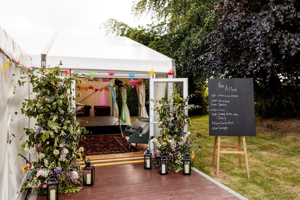 entrance to marquee at a Scottish garden wedding in Renfrewshire