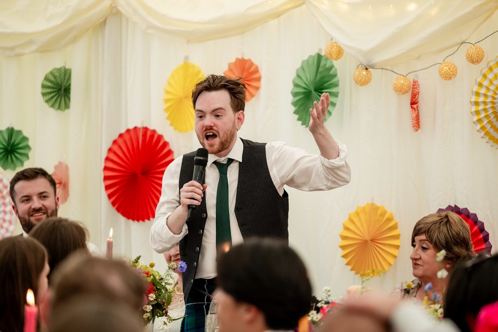 best man speech  at a Scottish garden wedding in Renfrewshire