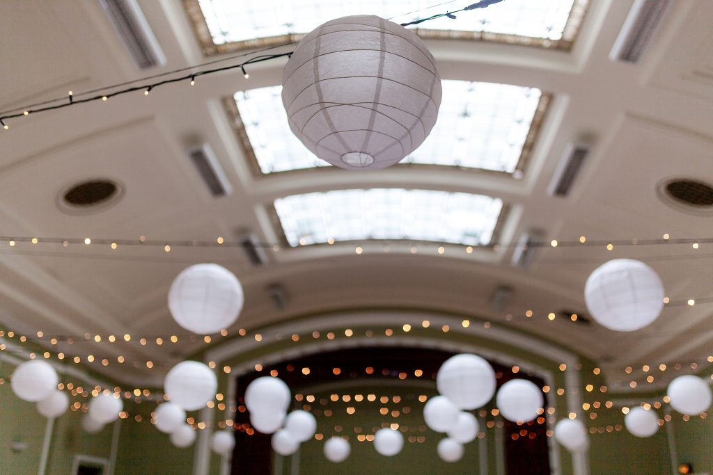 white paper lanterns and fairy lights 