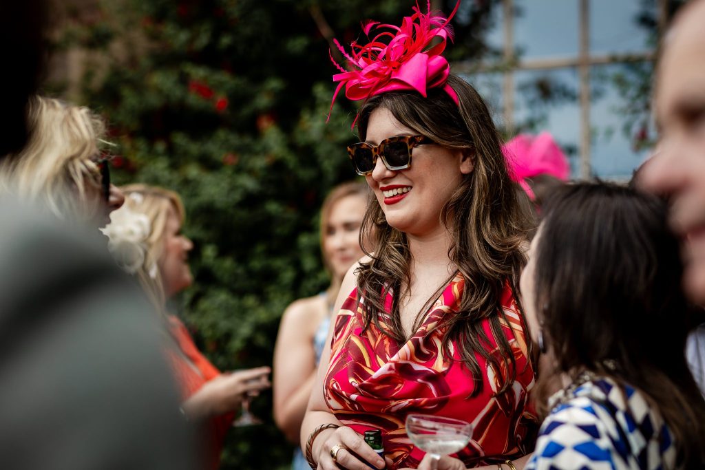 wedding guests mingling at outdoor wedding at Fingask Castle