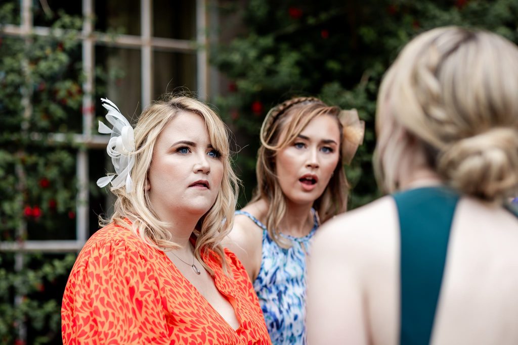 wedding guests mingling at outdoor wedding at Fingask Castle