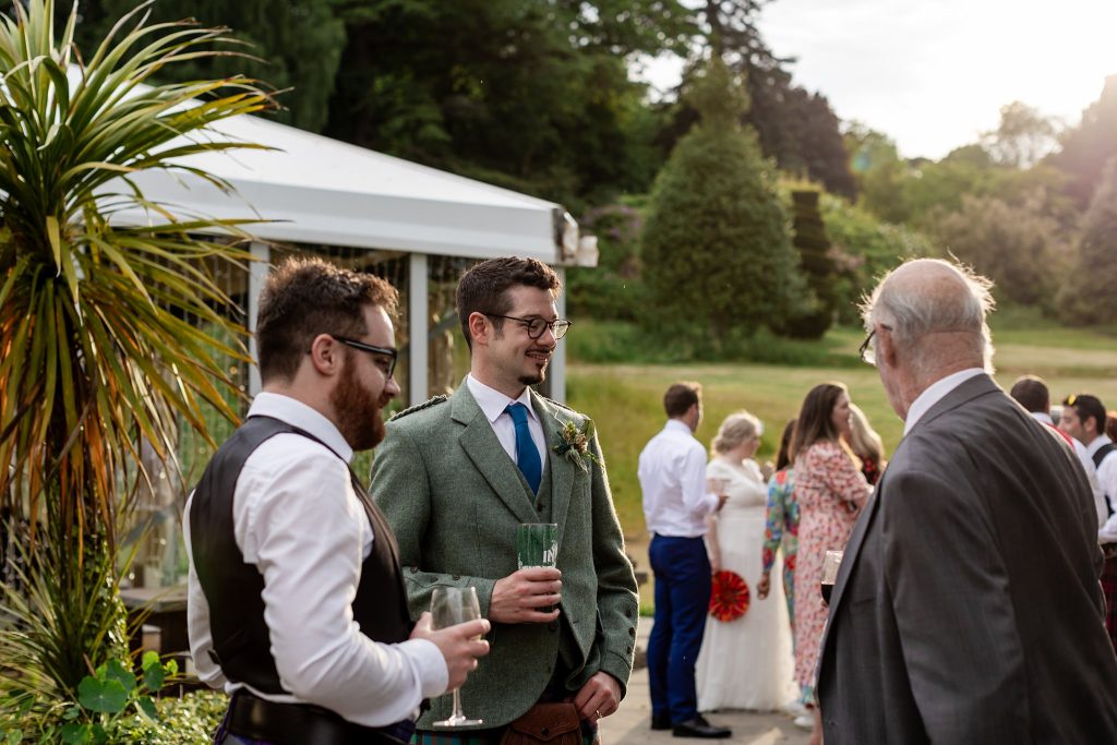 wedding guests mingling at wedding at Fingask Castle
