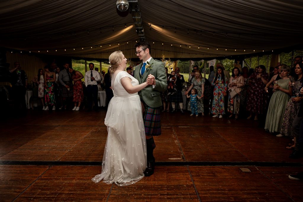 first dance in the pavilion at Fingask Castle wedding, Perth and Kinross
