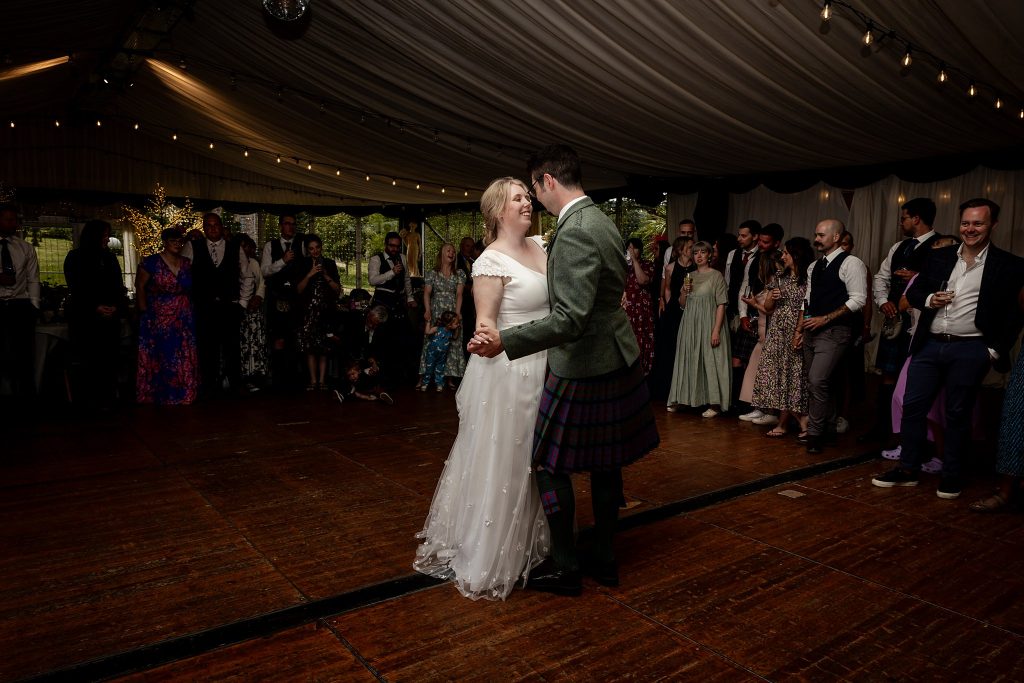 first dance in the pavilion at Fingask Castle wedding, Perth and Kinross