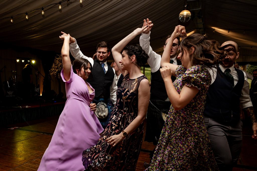scottish ceilidh at a wedding at Fingask Castle, Perthshire