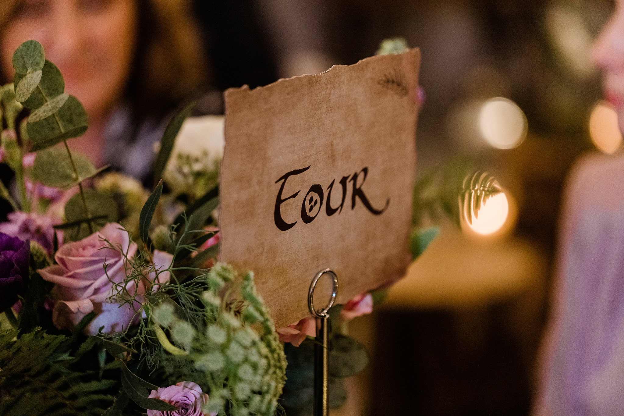 elven style font on craft paper at a celtic folklore theme wedding in Scotland