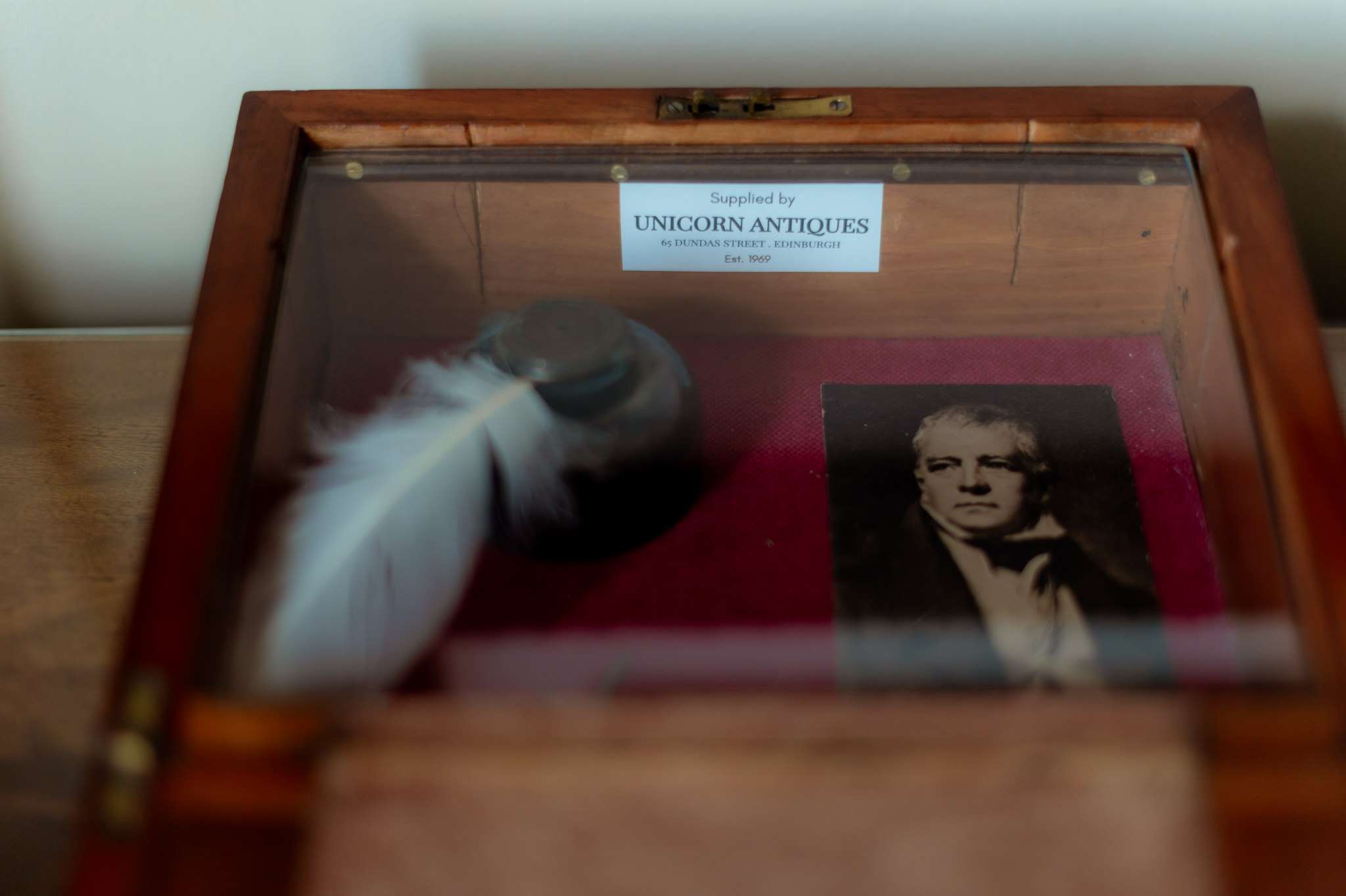 Antiques belonging to Sir Walter Scott in a glass case 