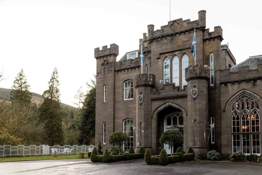 exterior view of the entrance to Drumtochty Castle, a luxury wedding venue in Aberdeenshire, Scotland