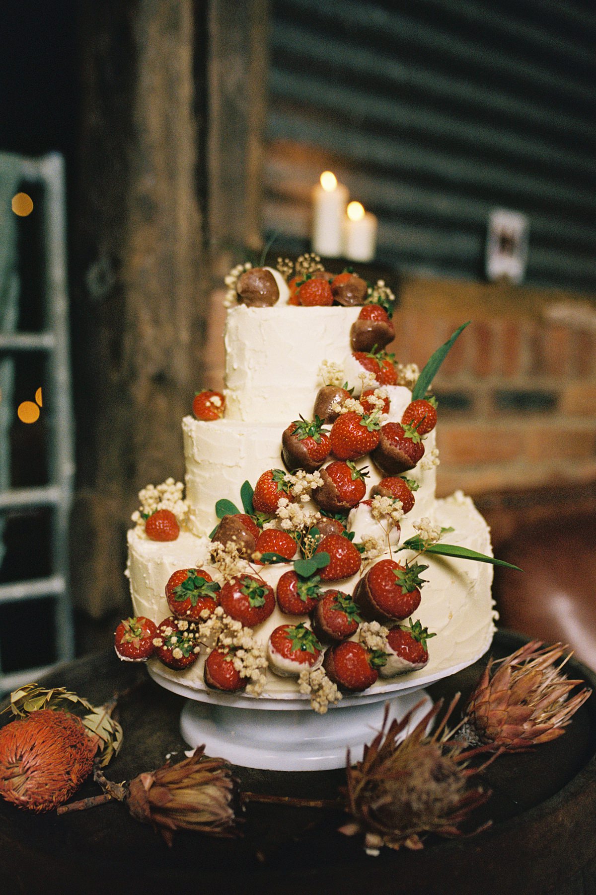 35mm analogue photograph of a home made strawberry wedding cake